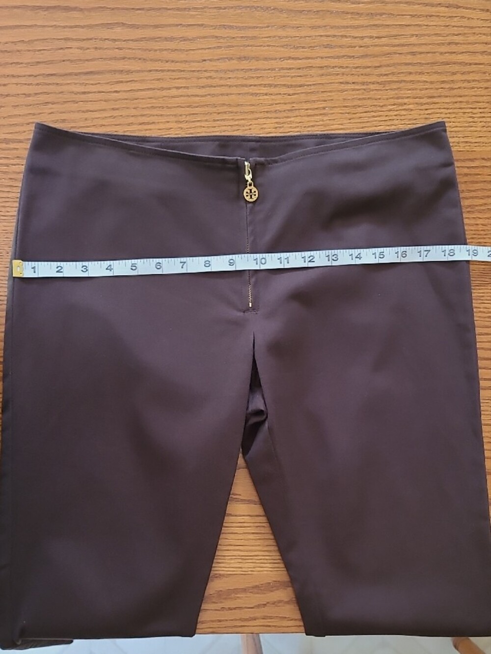 Tory Burch Brown Cropped Ankle Pants with Gold Logo Zipper Pull, size 10 - Picture 8 of 12